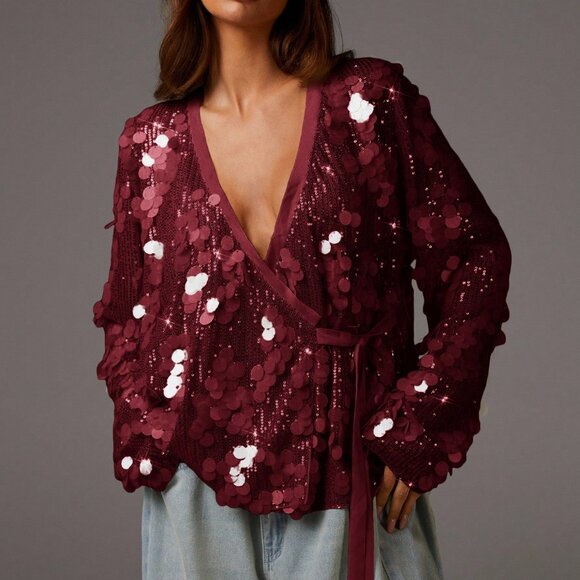 burgundy Party Women's long sleeve sequin Blouses - Picture 4 of 5